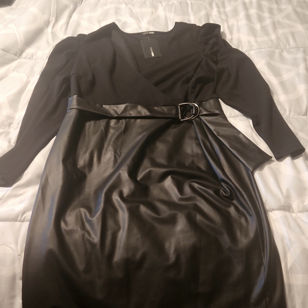 Black leather look midi dress